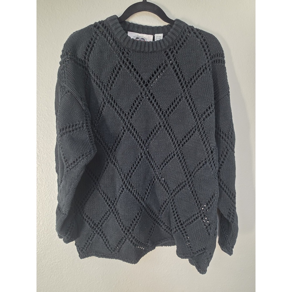 International Women 18W Black Diamond Knit Crew Neck Pullover Sweater Top VTG